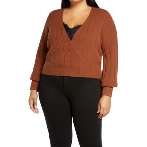 Leith Faux Wrap Pullover Ribbed Sweater Long Sleeve V-Neck Brown Size Medium
